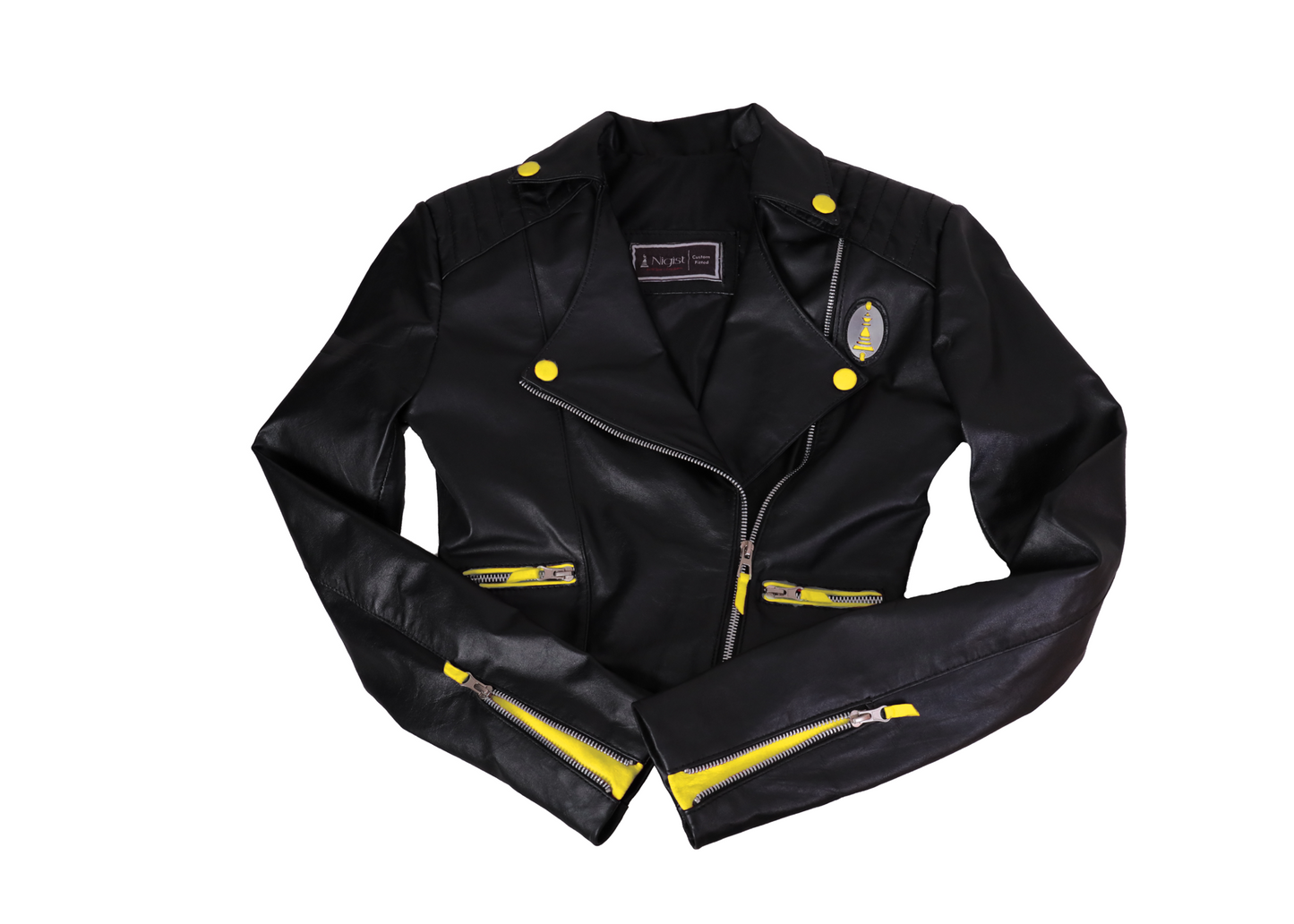 Nigist Black Biker Leather Jacket with Accent Color